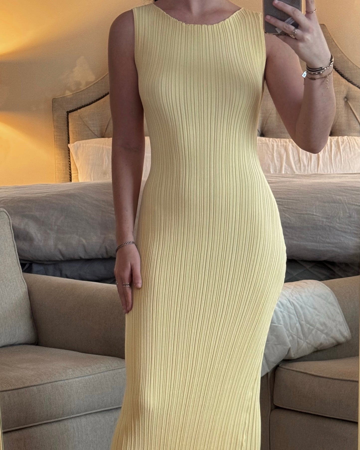 Yellow Dreams Ribbed Knitted Midi Dress
