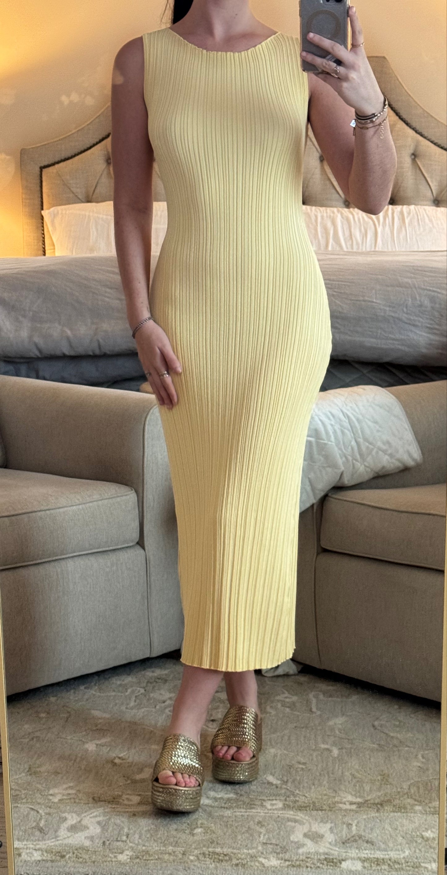 Yellow Dreams Ribbed Knitted Midi Dress